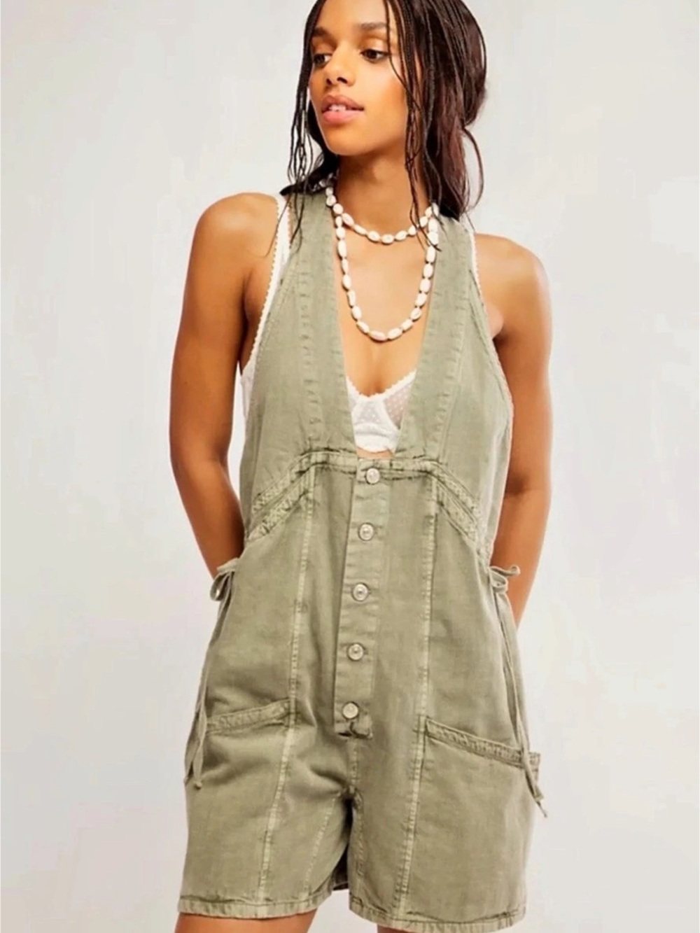 Free People Bonanza one-piece shortalls Romper in Green Size 12 NWT
